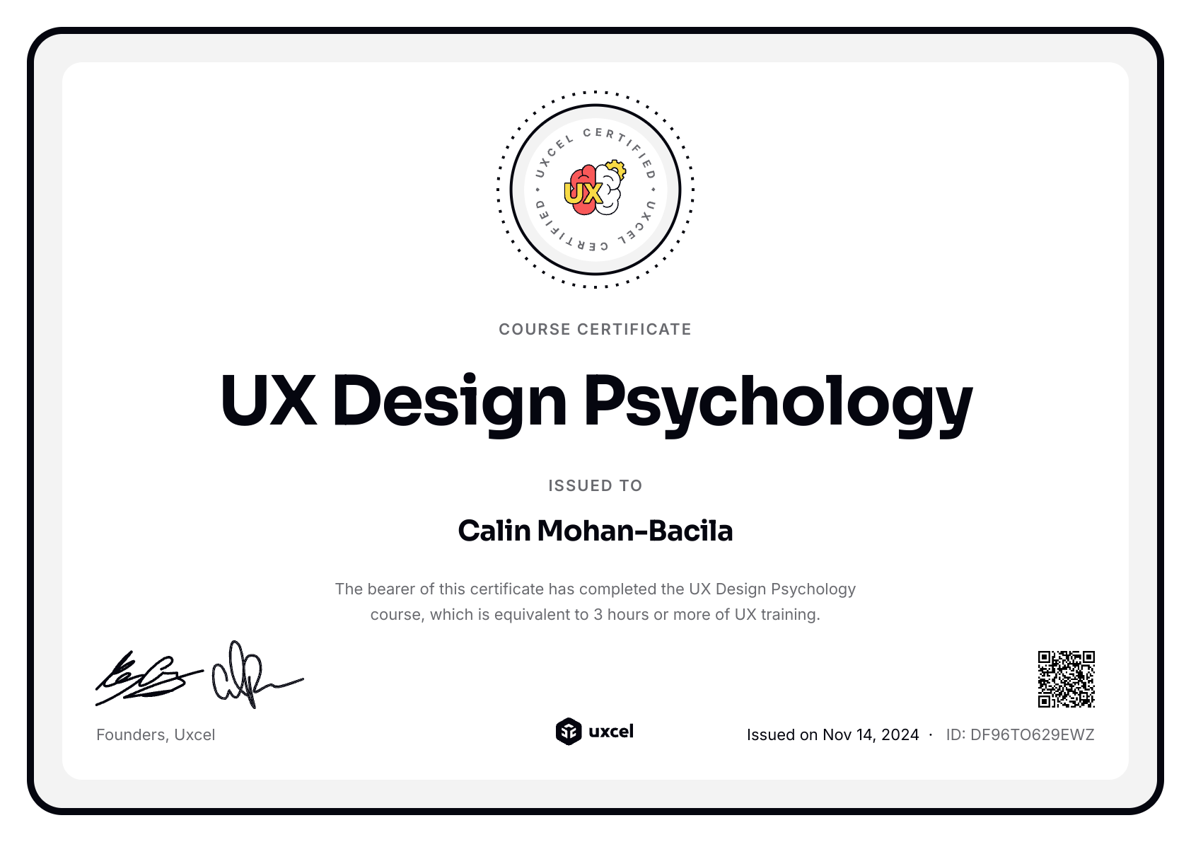 Calin Mohan-Bacila's certificate